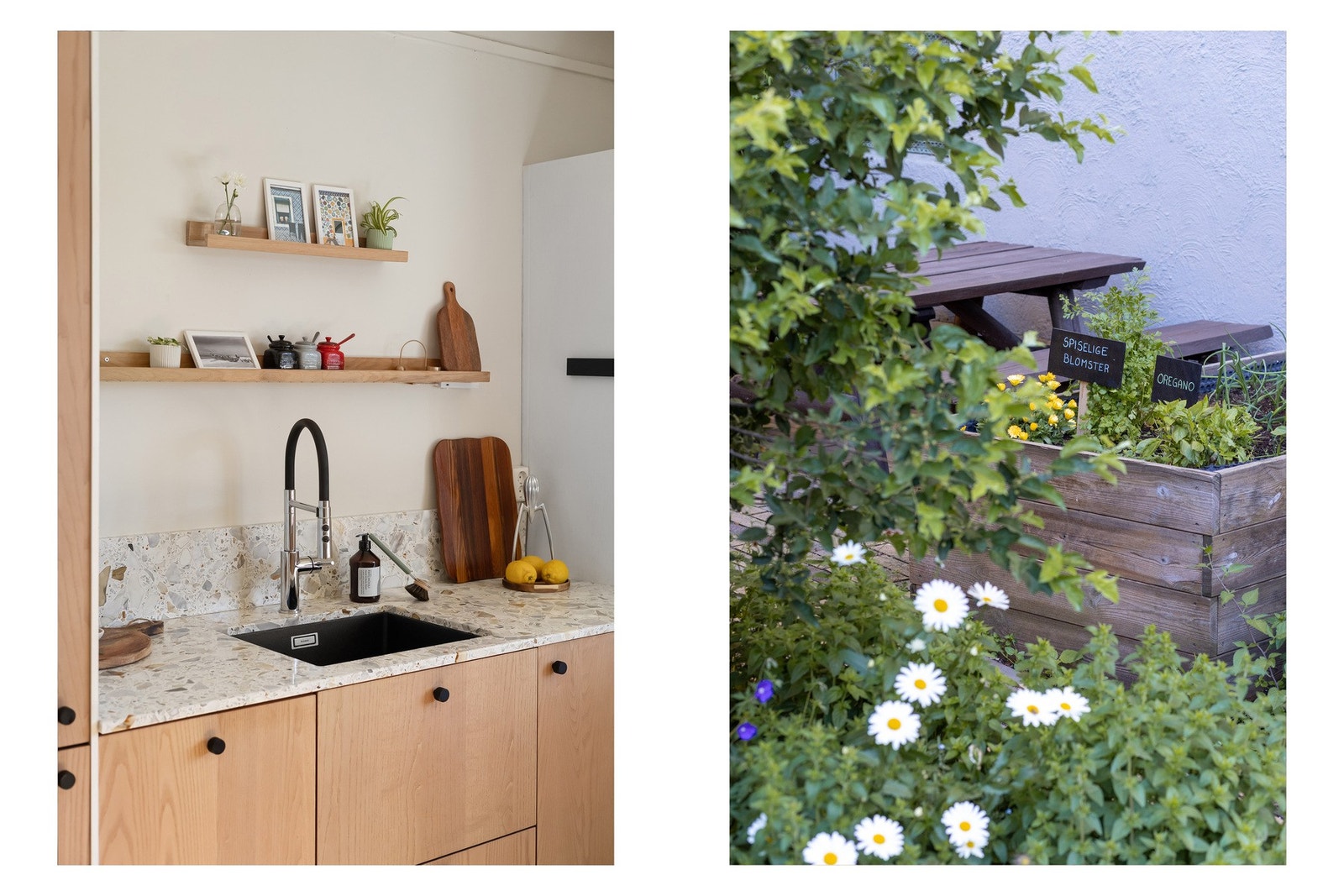 På sommerstid kan du plukke med deg friske urter og spiselige blomster som dyrkes i borettslagets felles bakgård. Galleribilde