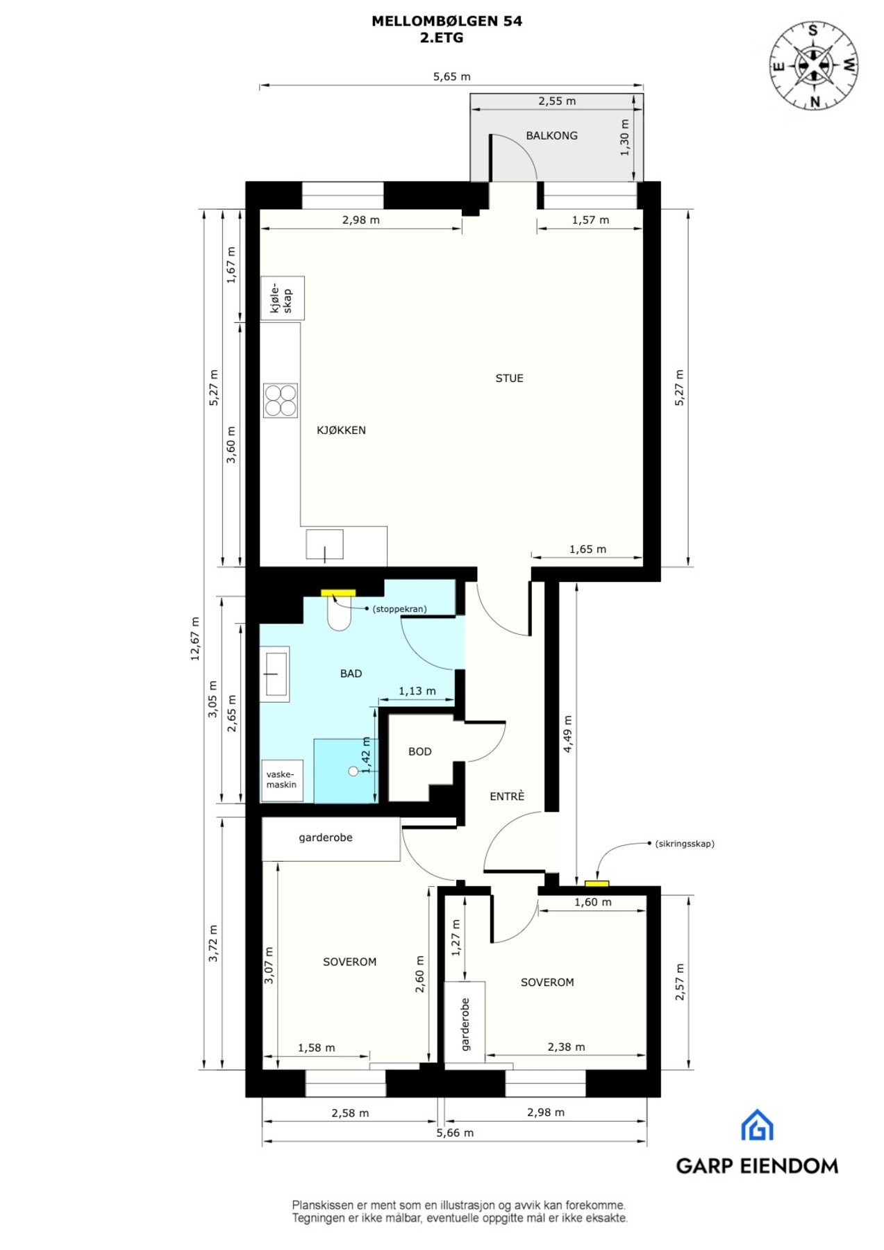 Plantegning. Leiligheten disponerer i tillegg en loftsbod på 5 kvm. Galleribilde