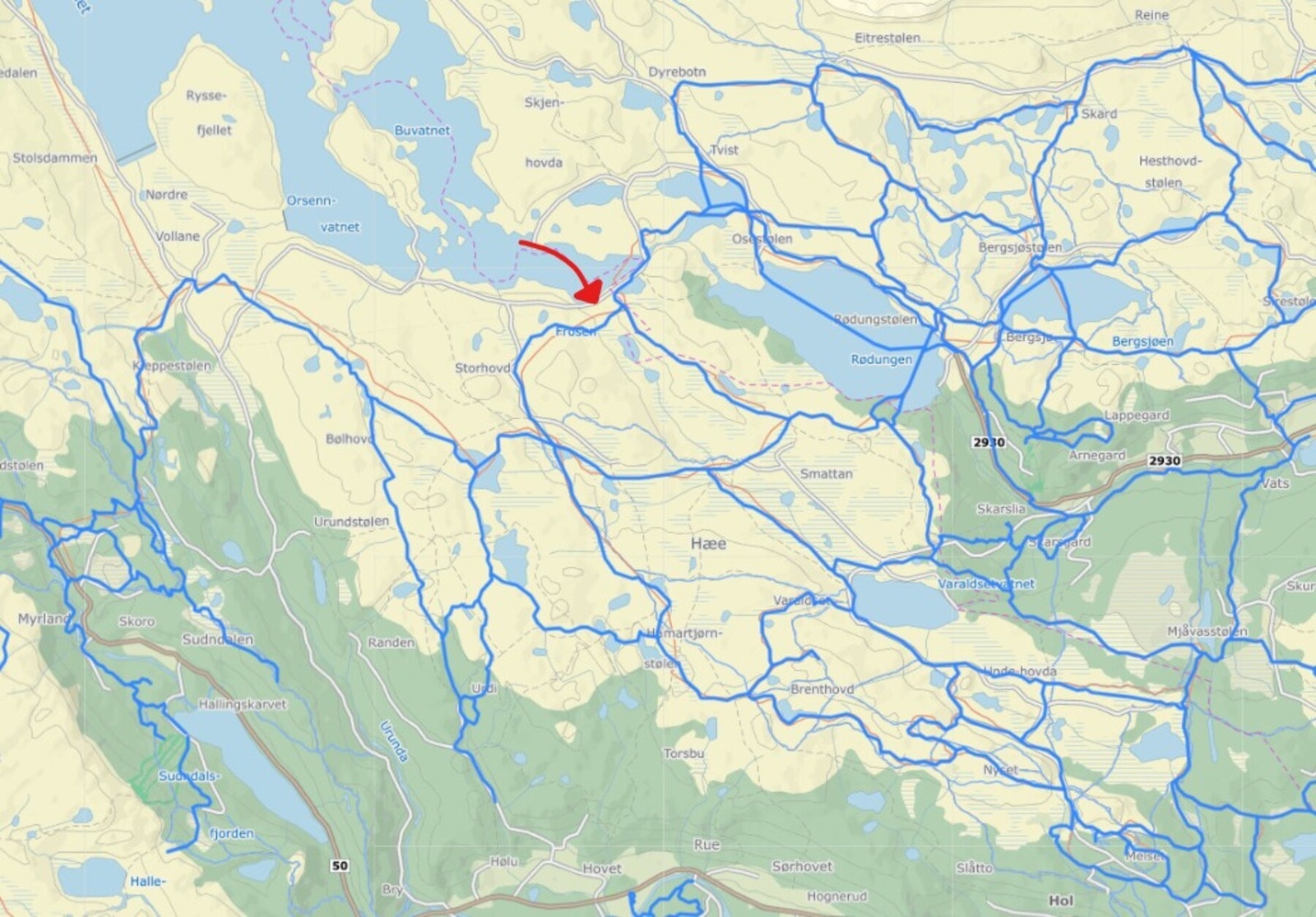 Langrennsløyper. Eiendommen markert med rød pil. Galleribilde