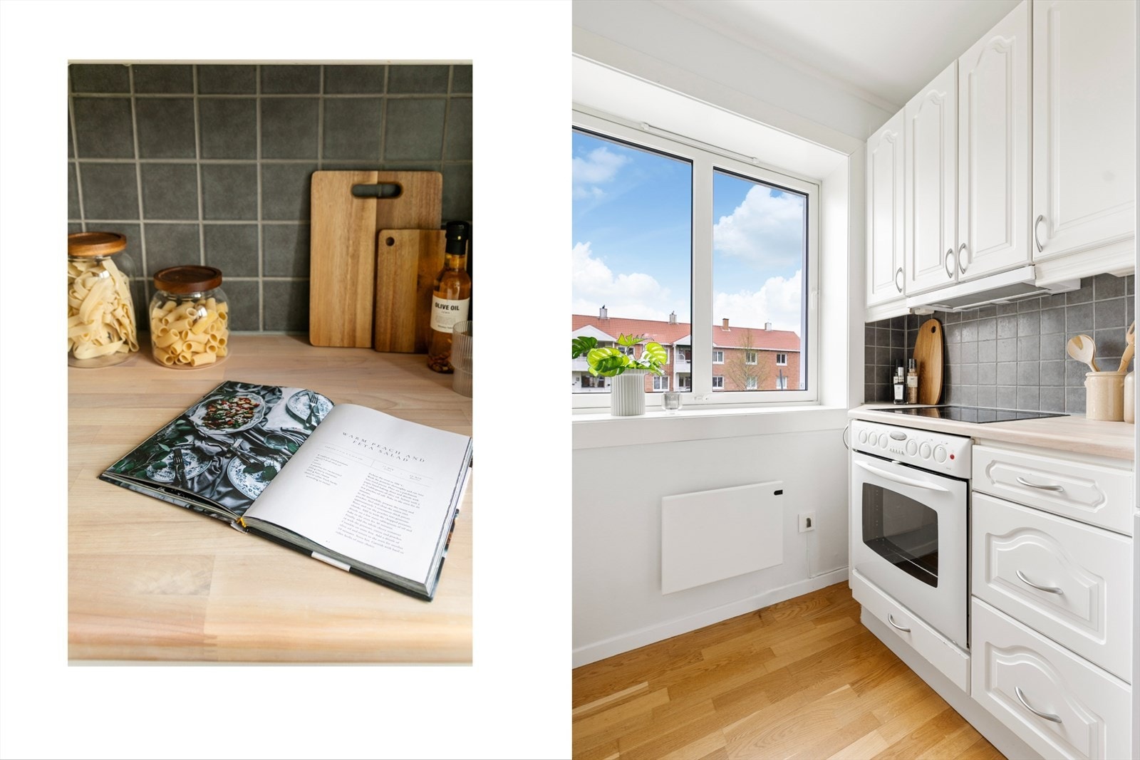Kjøkkenet er utstyrt med heltre benkeplate og integrerte hvitevarer som stekeovn, koketopp og oppvaskmaskin. Galleribilde