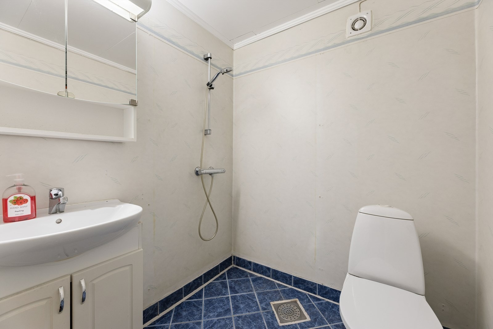 Badet består av gulvmontert toalett, åpen dusjsone med dusjgarnityr på vegg og innredning med servant. Galleribilde