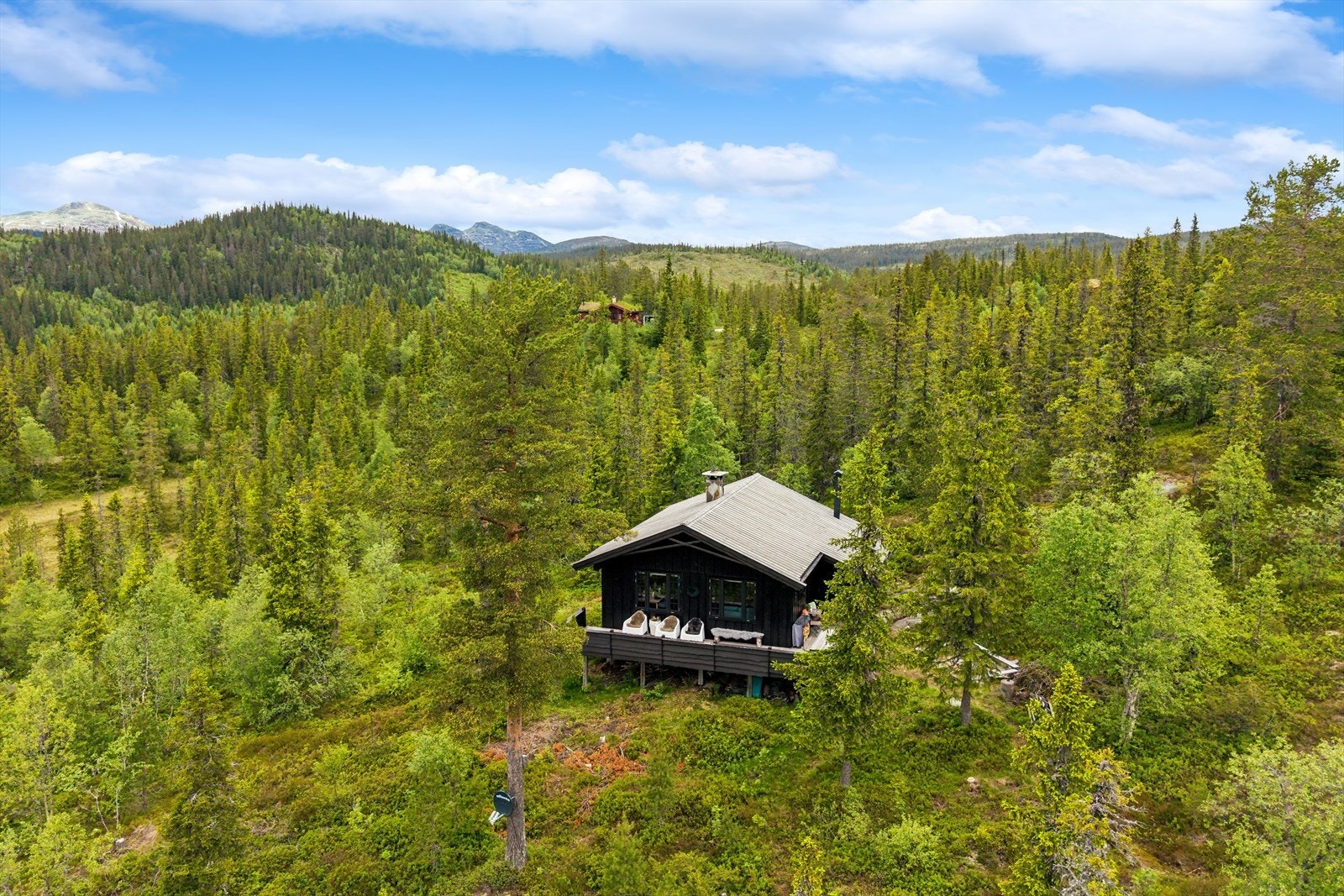 Tomten er en naturtomt som er tilpasset terrenget, og bebyggelsen glir harmonisk inn i landskapet - noe som forsterker følelsen av nærhet til naturen og gir et autentisk hyttepreg. Galleribilde