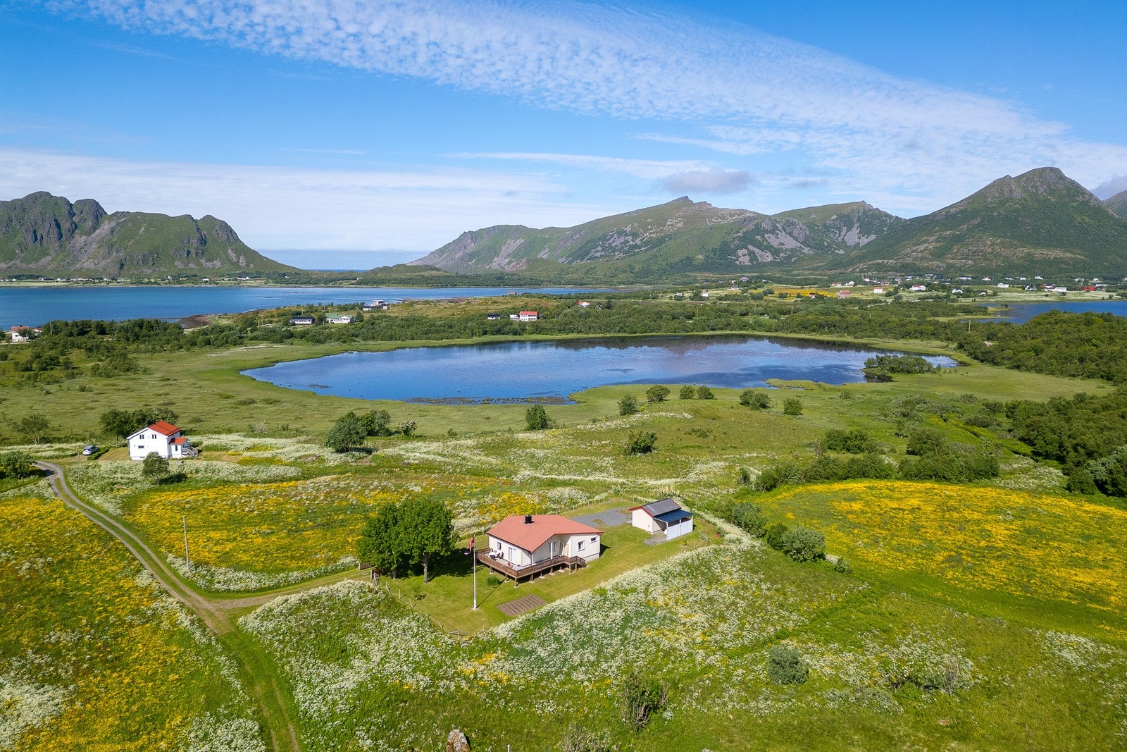 Her bor man omgitt av storslått natur med fri utsikt i flere retninger, og med nærhet til både vann, fjell og flotte turområder Galleribilde