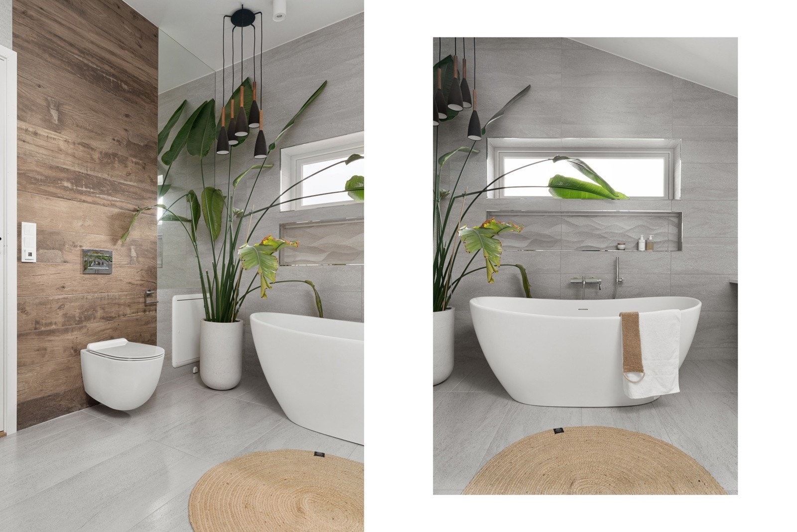 Vegghengt toalett og innbydene badekar.