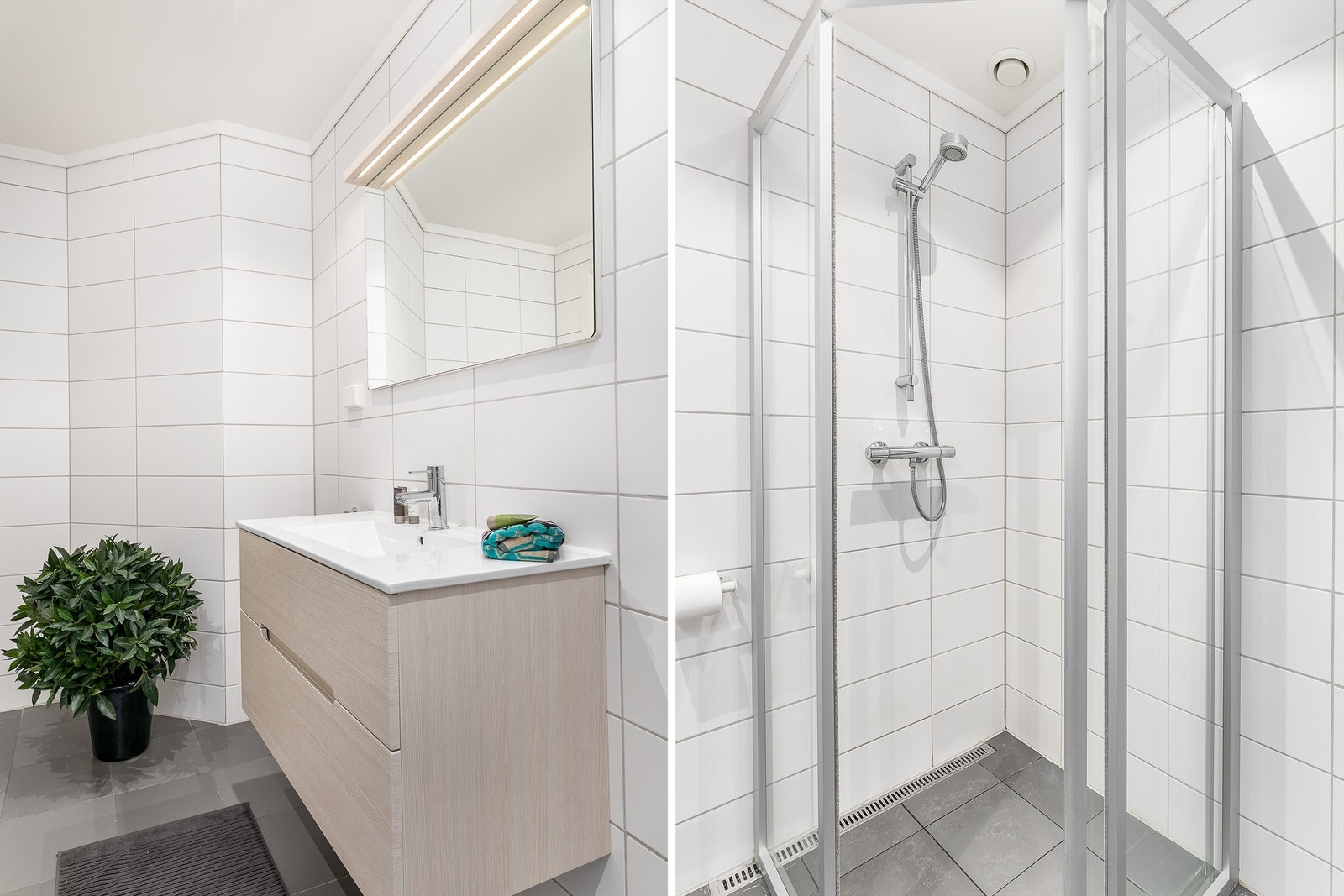 Arealkrevende vaskemaskin har dedikert plass i leilighetens innvendige bod, fremfor på badet. Galleribilde