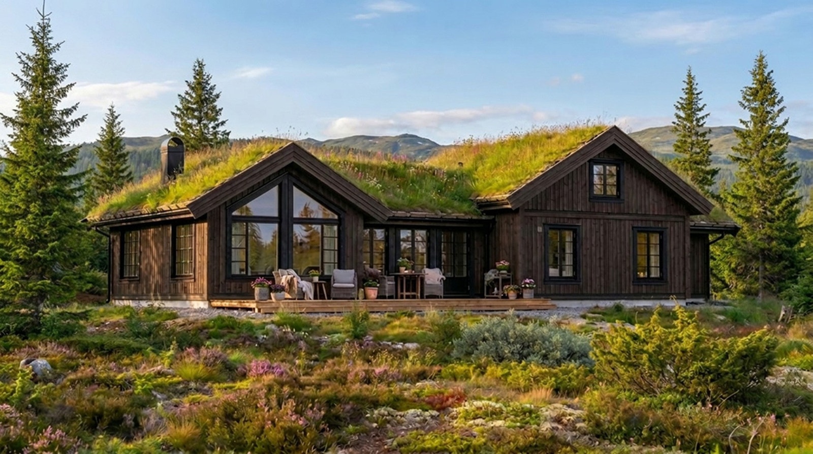Storeble Panorama med hems. En flott og tradisjonsrik hytte! Illustrasjonsfoto i et annet miljø. I prosjektet leveres større vinduer på hems. Se illustrasjon. Galleribilde