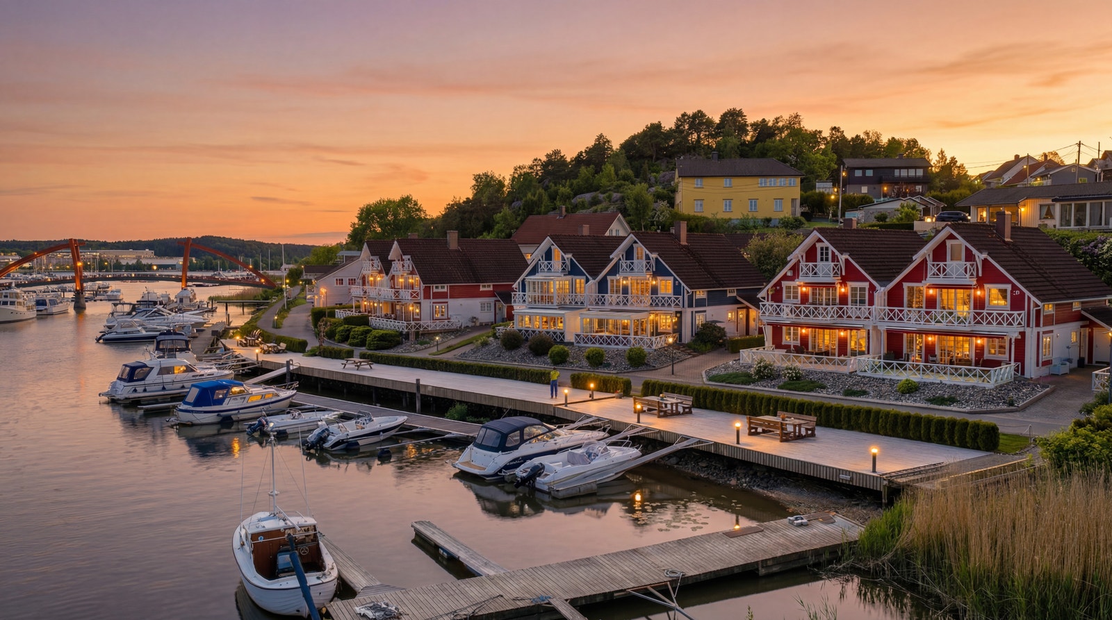 Kvelds bilde, fint med lys stolper på bryggen Galleribilde