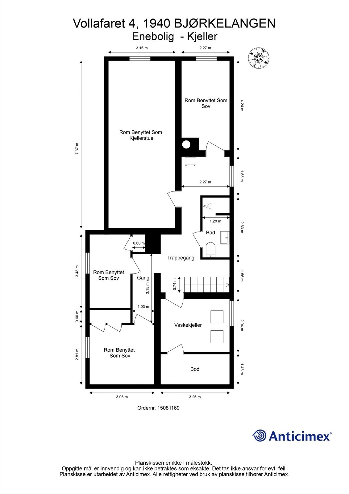 Kjelleren har et bruksareal på 90 m² og inneholder flere innredede rom, bad, vaskekjeller og bod. Bruksendring av rommene er ikke omsøkt. Galleribilde