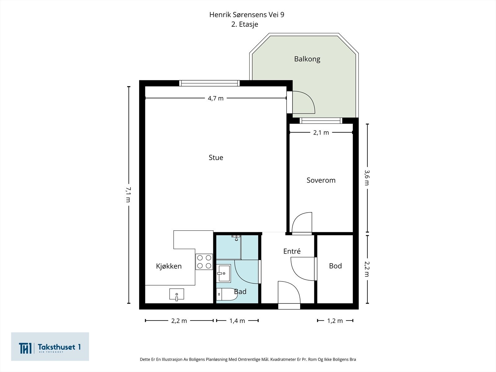 En arealeffektiv planløsning fordeler 45 m² på entré, bad, soverom og en åpen stue- og kjøkkenløsning. Leiligheten har også en innvendig bod. Galleribilde