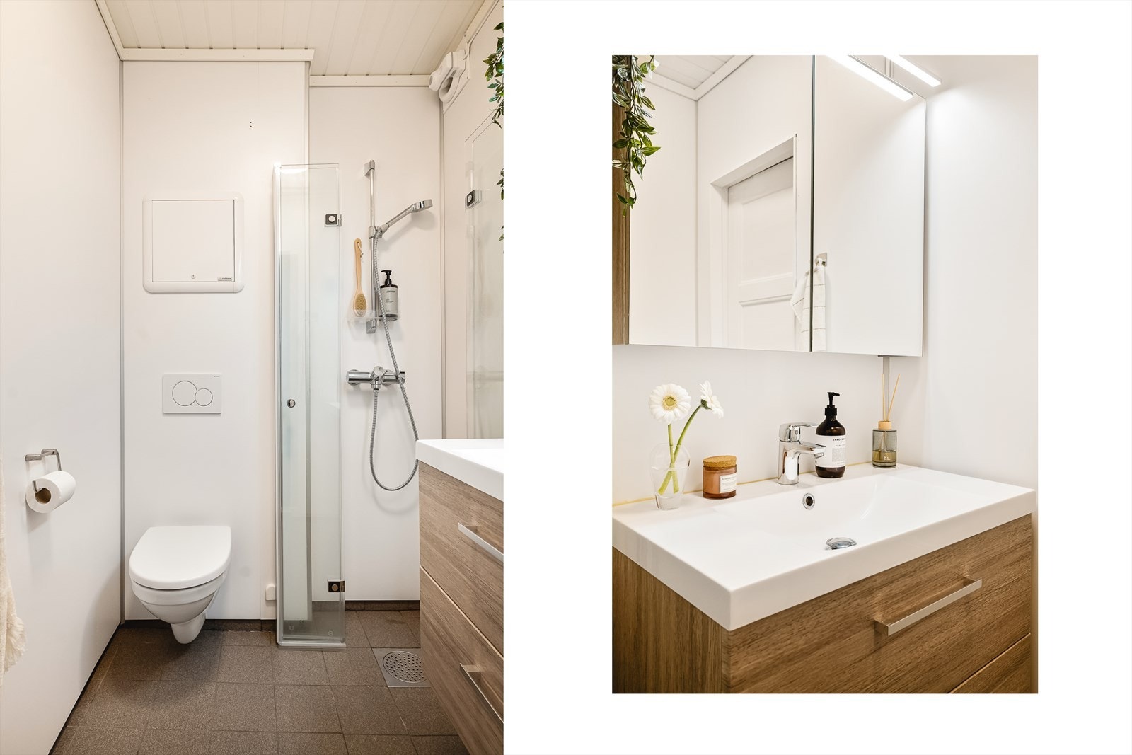 Badet måler 2,3 kvm og har varmekabler i gulvet. Galleribilde
