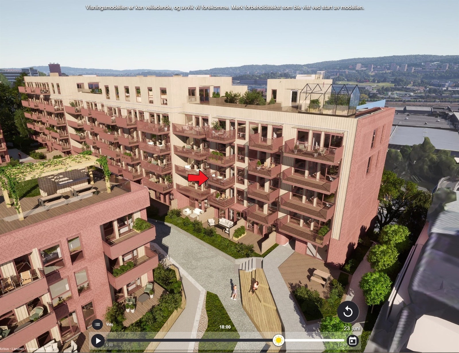 Illustrasjon hentet fra utbyggers simulator. Markering av leilighetens beliggenhet. Avvik kan forekomme. Galleribilde