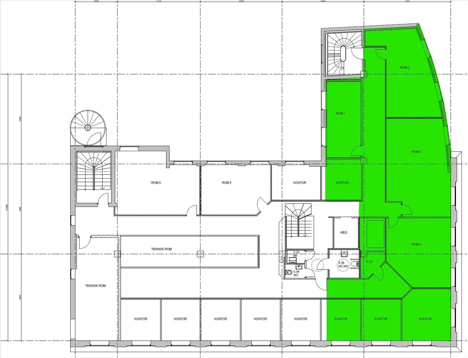Ledig areal BTA 260 m² merket i grønt. Øvrig areal kan også leies om ønskelig.