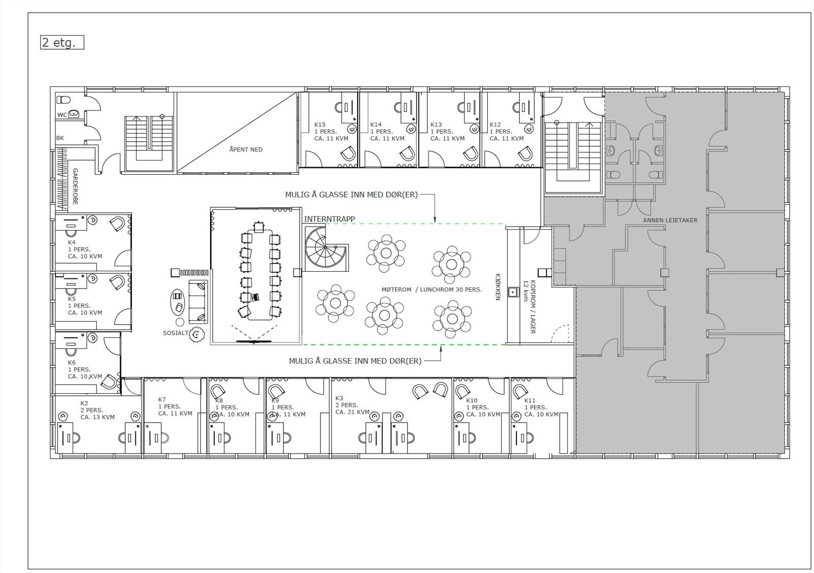 Plantegning 2. etg. med eksempel på innredning til kontor, ca. BTA 474 m² i hvitt og BTA 206 m² i grått. Lokalet kan leies samlet eller hvor for seg. Mulig å tilpasse størrelse ytterligere.