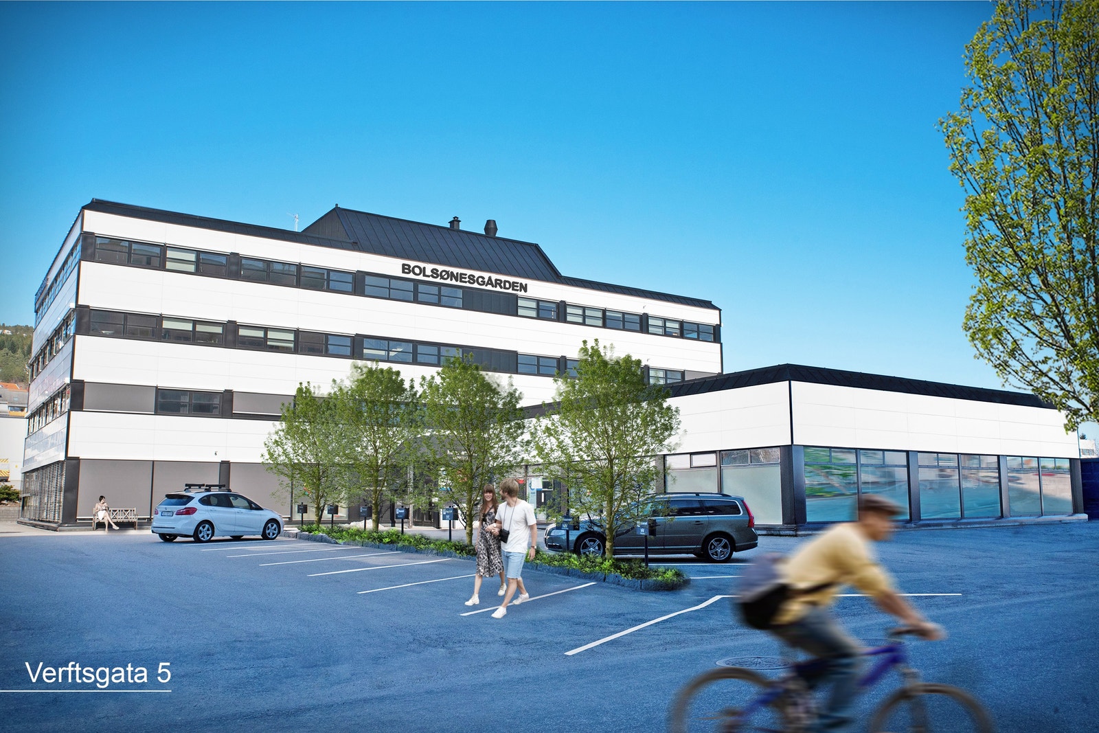 Kombinasjonsbygg med kontor i 3-4 etasjer og butikk/lagerhall/verksted i tilbygg/ 1. etg. Galleribilde