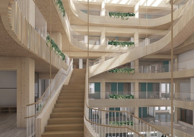 Lysfylt atrium i vårt kommende klimaoptimaliserte massivtrebygg. Galleribilde