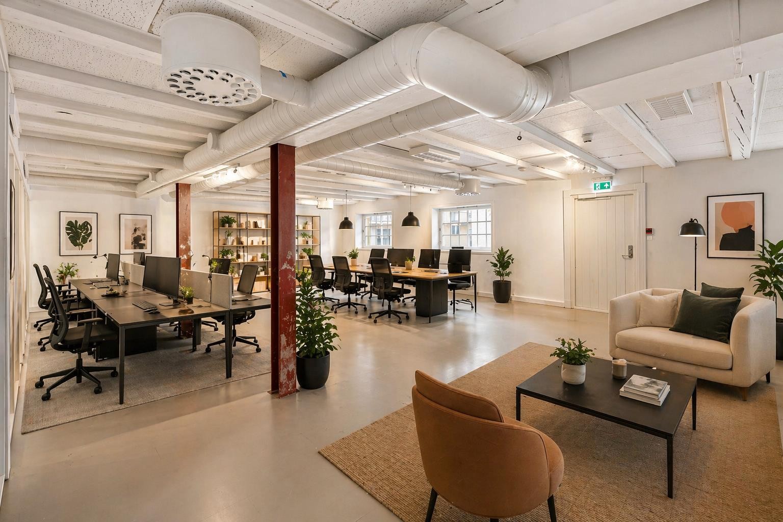 Kontoret er stort og åpent. Visualisert møbleringsforslag Galleribilde