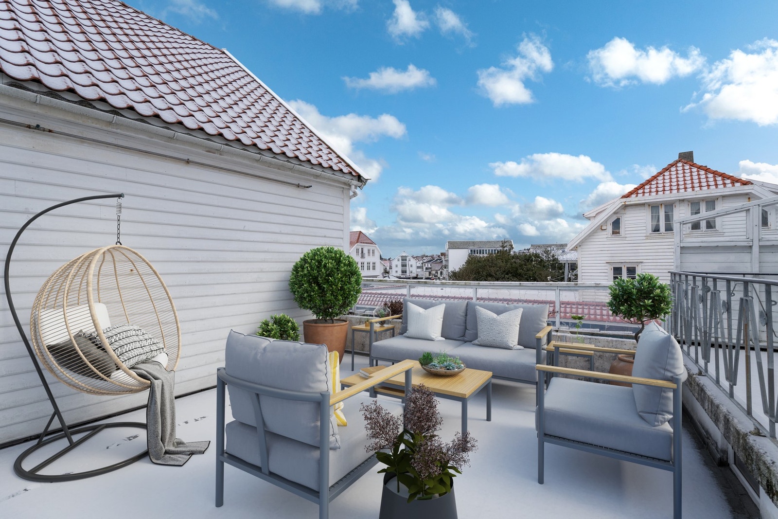 Takterrasse med utsikt over "Havn" og gode solforhold - digitalt møblert Galleribilde