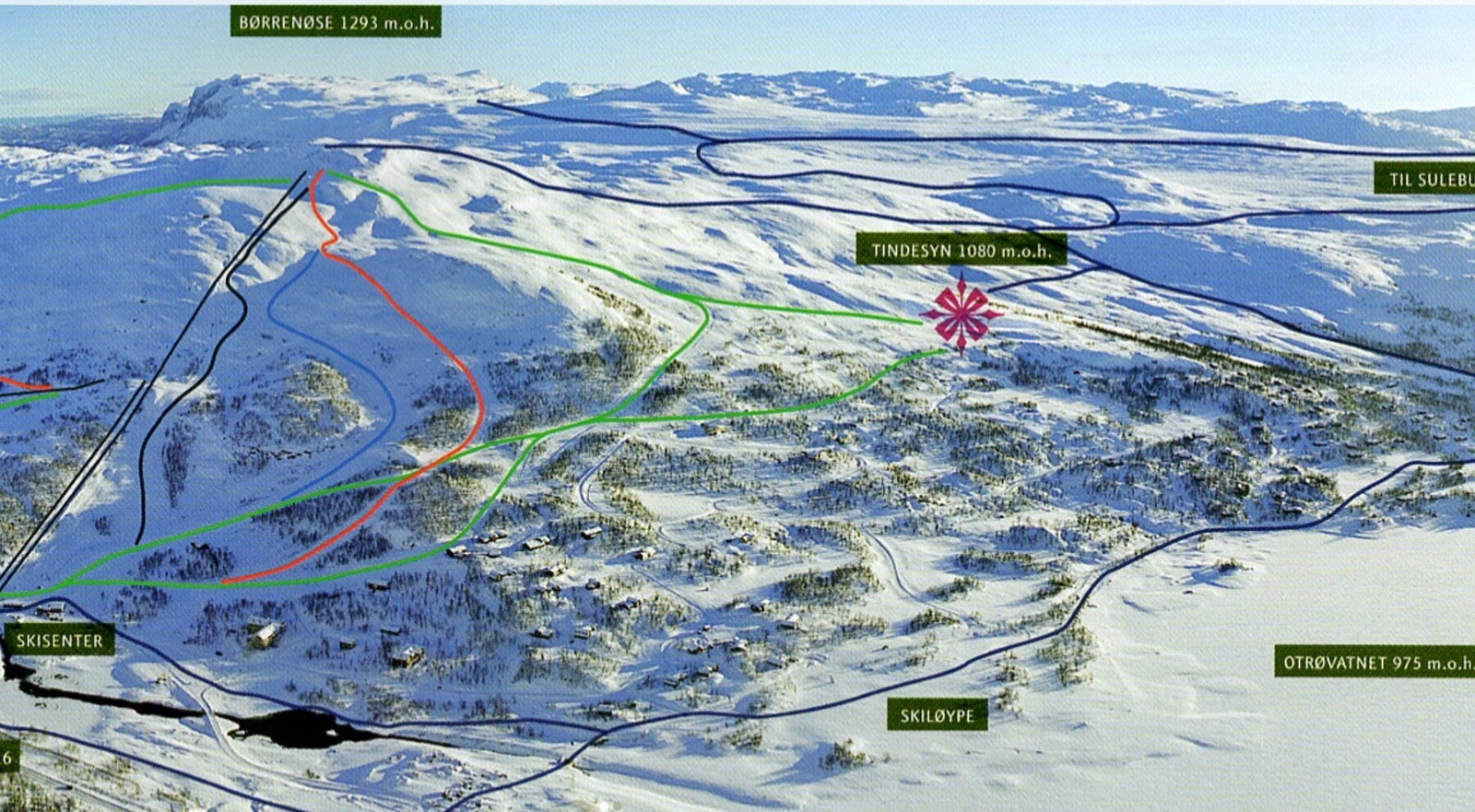 Dronefoto med illustrert beliggenhet i forhold til skianlegg, skiløyper etc. Galleribilde