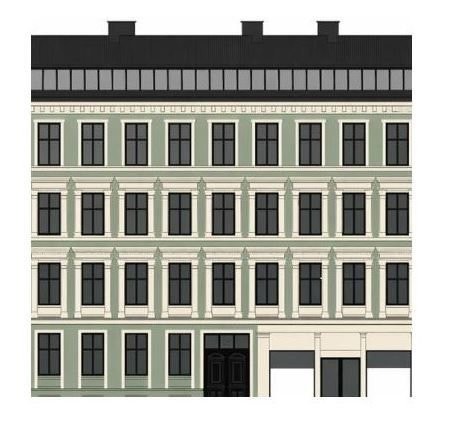 Påkostet oppgradering av bygården med ny fasade, oppgradert tak, portrom og forbedrede fellesarealer – forventet ferdigstilt sommeren 2026. Galleribilde