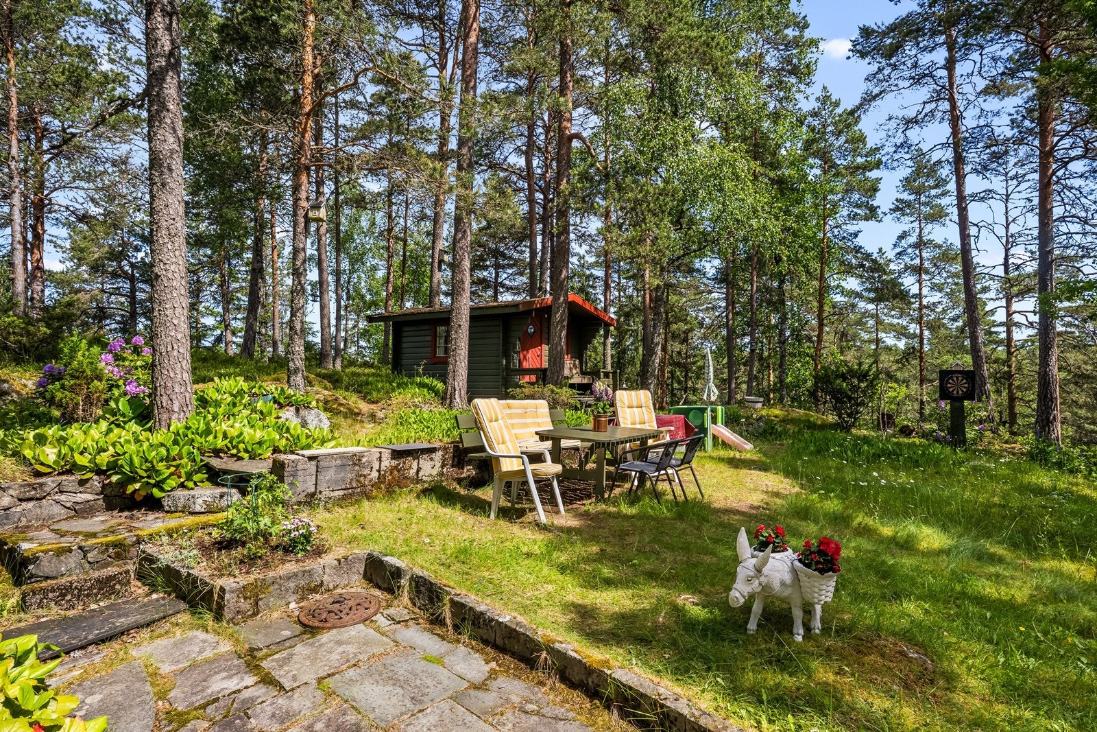 Hytta ligger på en koselig skogstomt og det er opparbeidede områder rundt hytta Galleribilde
