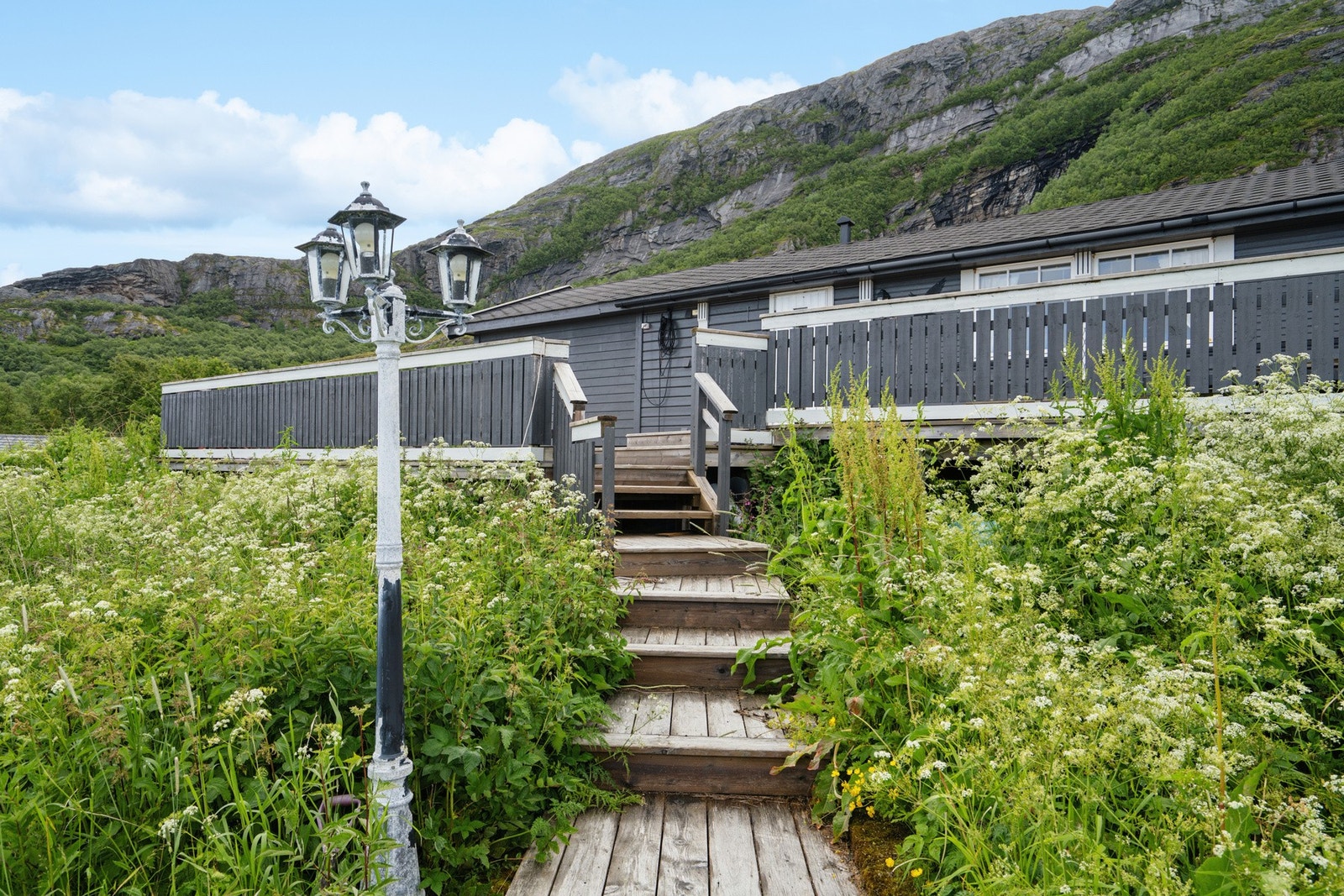 Adkomst til hytta via en tretrapp. Galleribilde