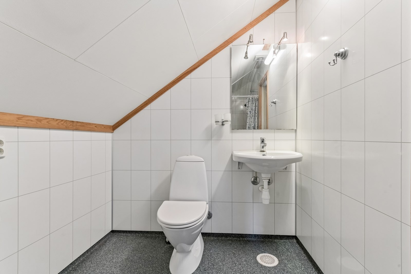 Badet er utstyrt med servant, frittstående toalett og dusjhjørne. Galleribilde