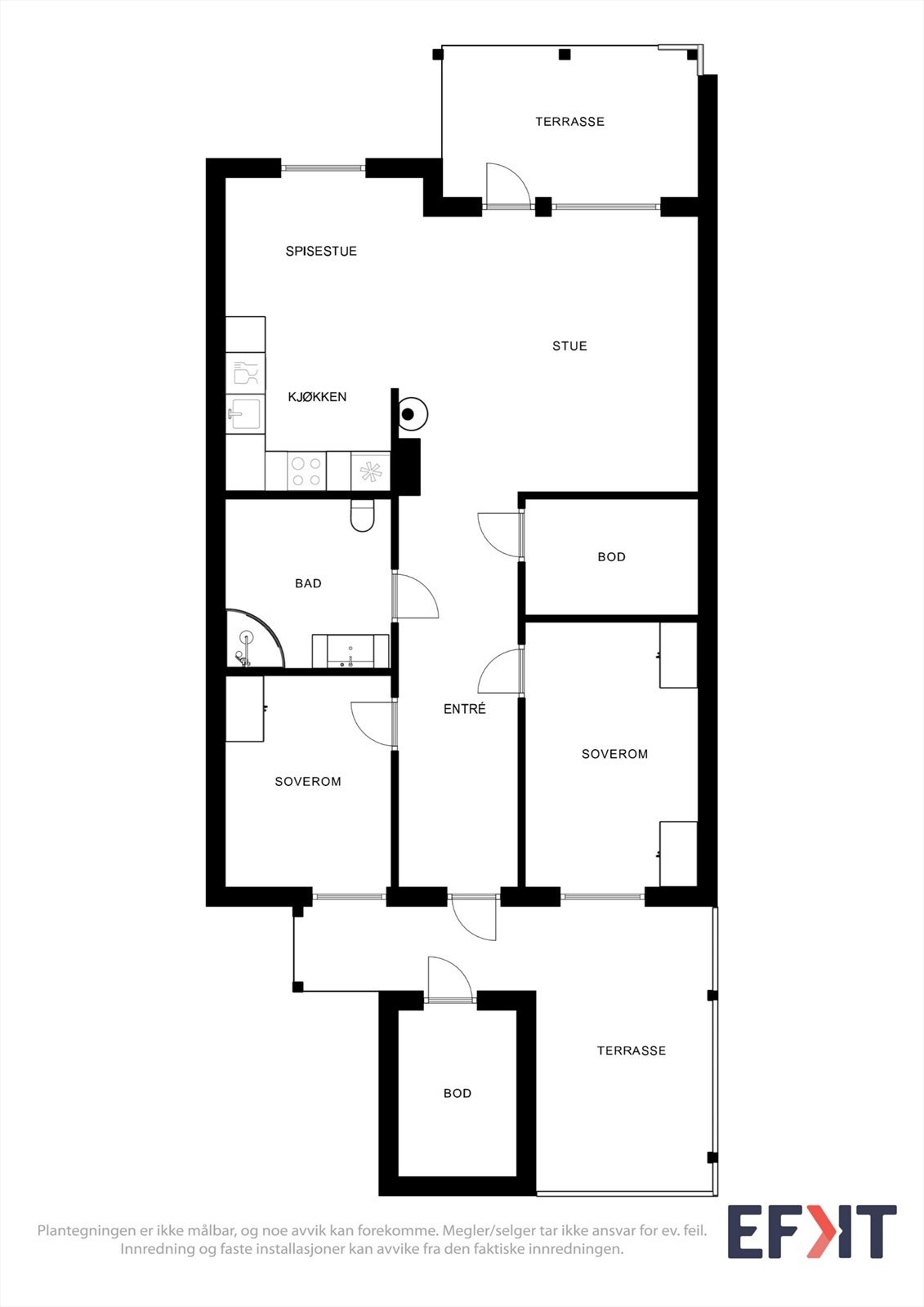 Leiligheten har en arealeffektiv planløsning med alle rom på ett plan, inkludert to soverom og to uteplasser. Galleribilde
