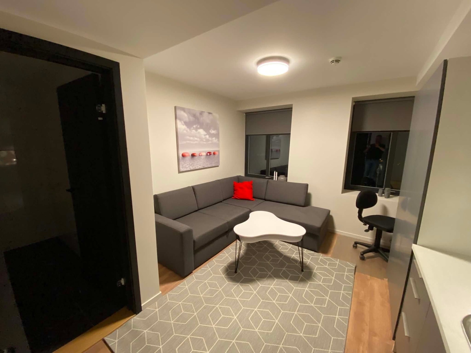 Lys og trivelig oppholdsdel med sovesofa, arbeidsplass og gode oppbevaringsmuligheter. Galleribilde