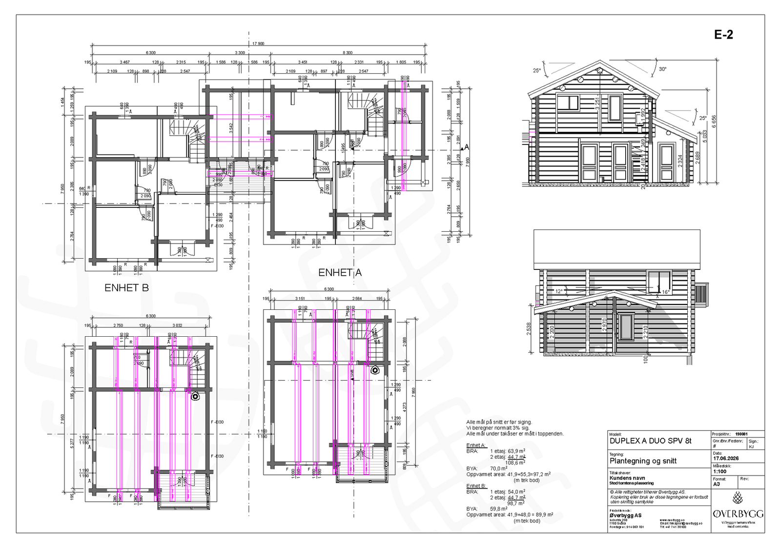 Plantegning og snitt Duplex Duo med enhet A og B Galleribilde