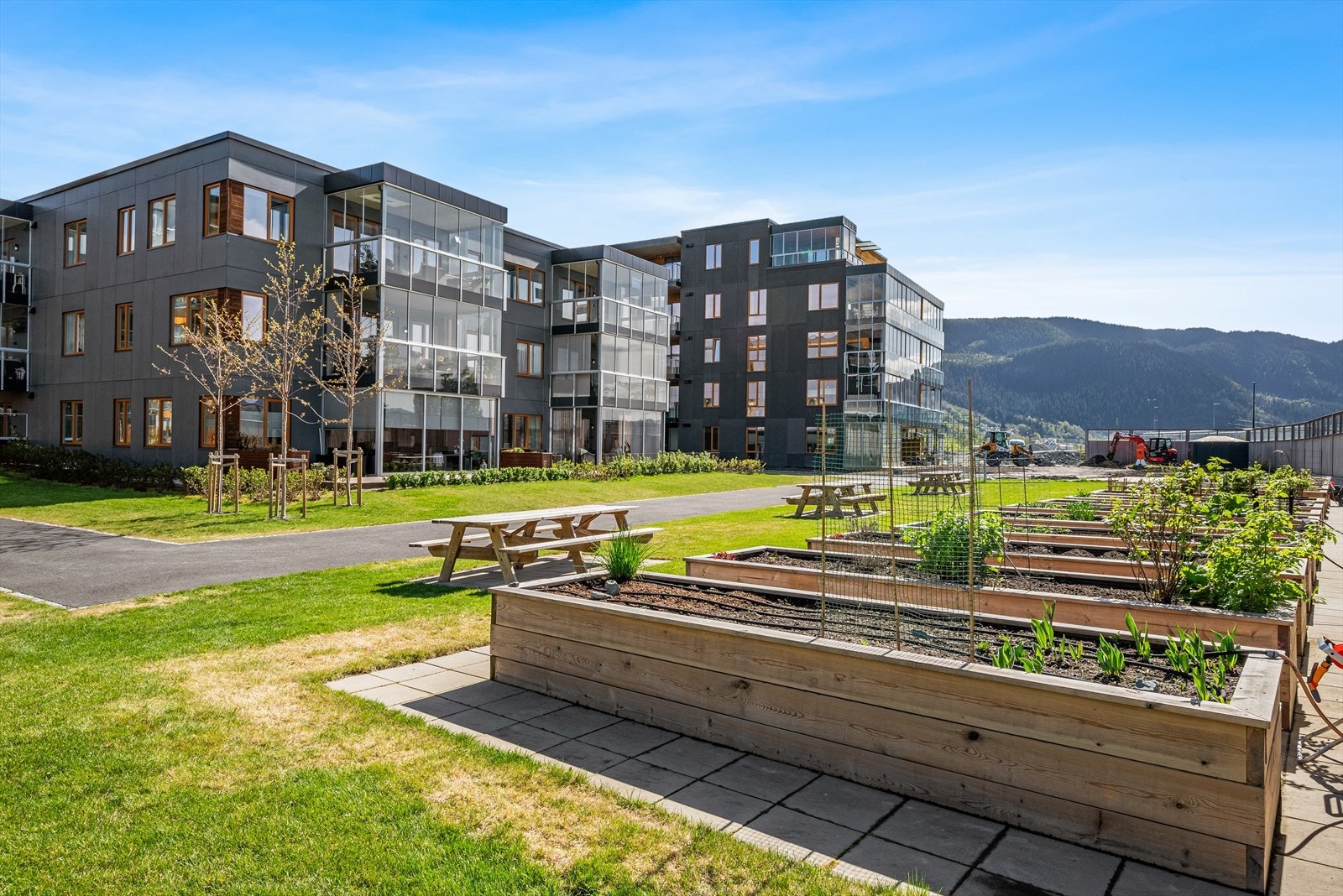 Sameiet har et pent opparbeidet fellesområde med store plenarealer, lekeområde, sittegrupper og fin beplantning. Her har du muligheten til å også leie en parsell i hagelaget. Galleribilde