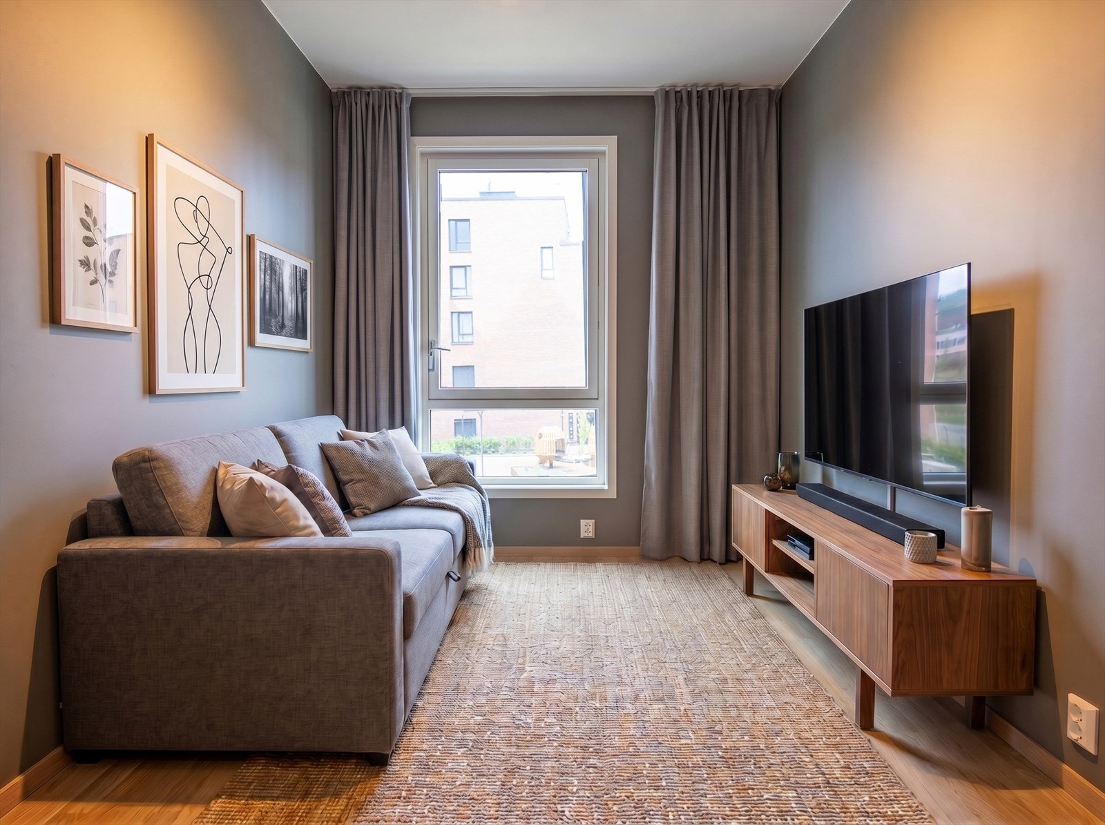 Leiligheten har mange muligheter. Her er soverom 2 digitalt stylet som tv-stue. Galleribilde