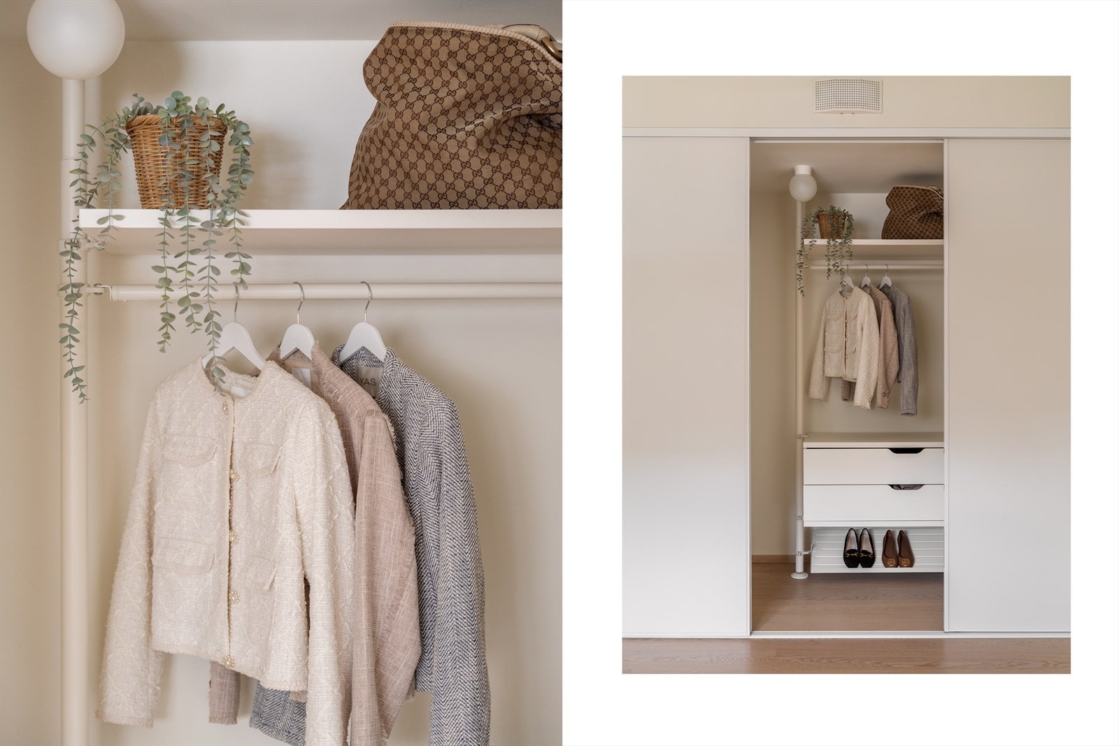 Den smarte mini walk-in -løsningen gir en romslig og funksjonell garderobe med god plass for klær, sko og tilbehør. En flott oppbevaringsløsning som gjør det enkelt å holde orden og utnytte plassen effektivt. Galleribilde