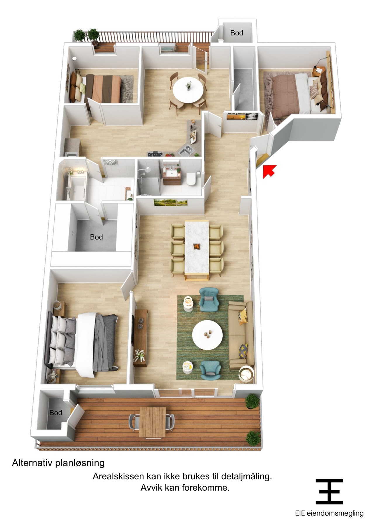 Alternativ 3D-plantegning med 3 soverom. Galleribilde