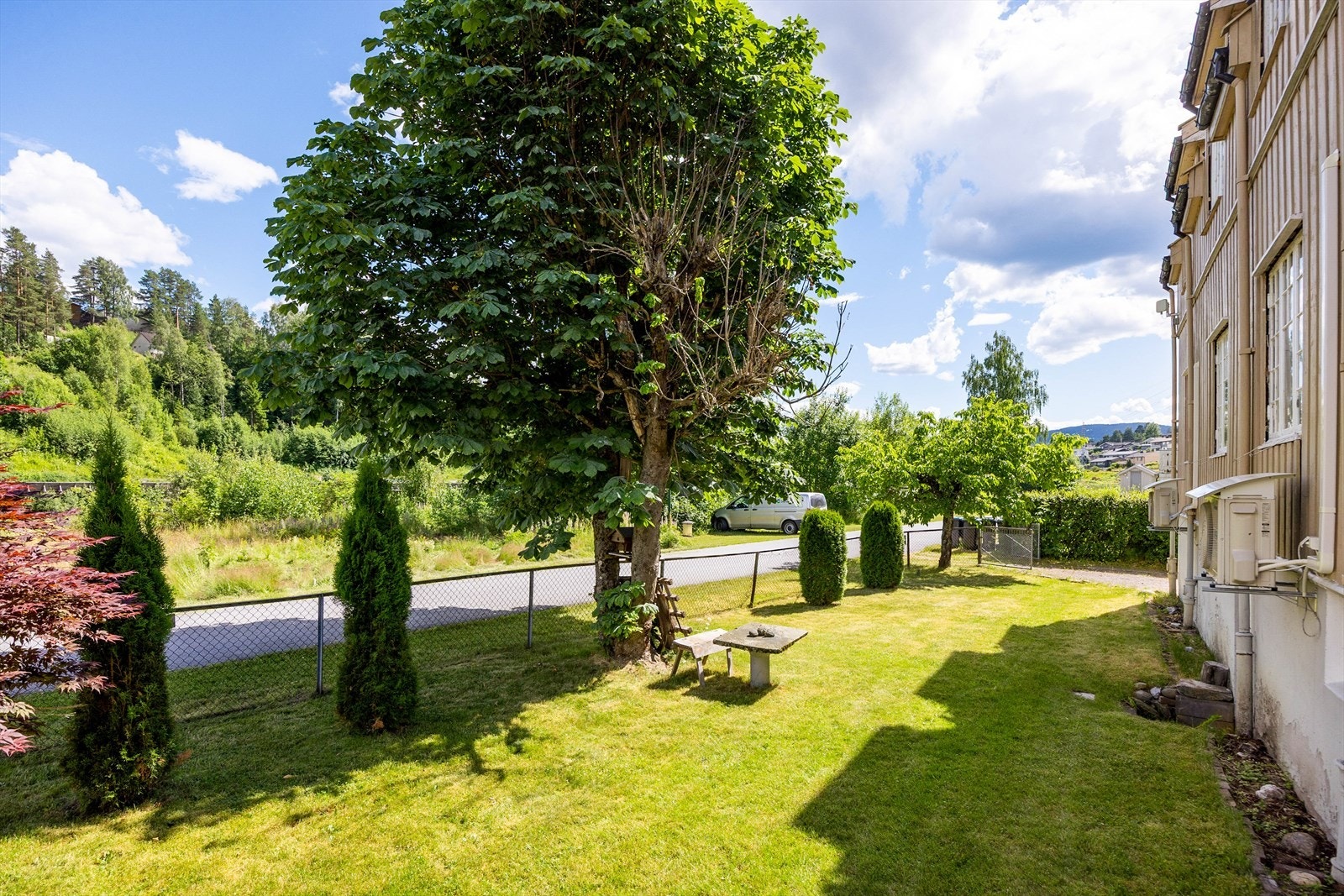 Hage med plen og oppvokst beplantning. Galleribilde
