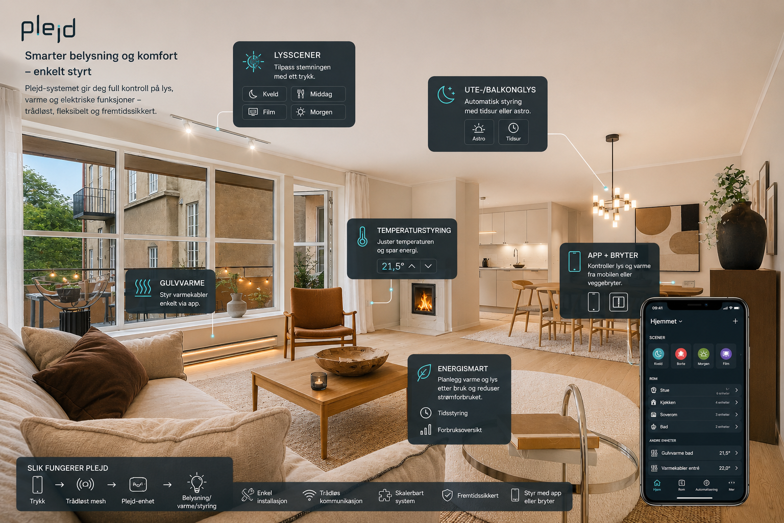Leiligheten har smartstyring på lys og varmekabler gjennom Plejd systemet Galleribilde