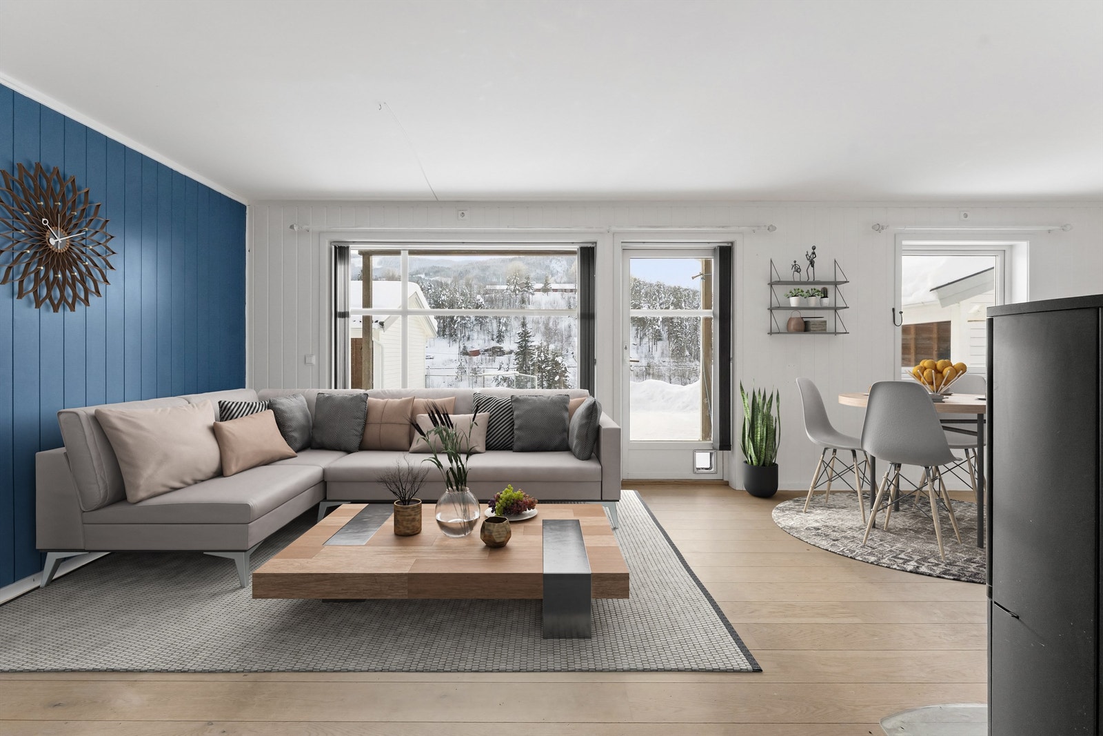 Åpen stue- og kjøkkenløsning med plass til både sofagruppe og spisebord. (Illustrasjonsfoto) Galleribilde