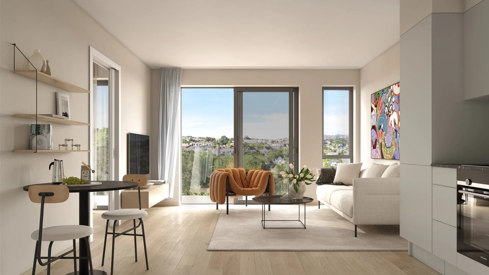 Leiligheten ligger høyt og fritt med en vestvendt balkong, noe som resulterer i gode solforhold, (Illustrasjon av en annen leilighet i prosjektet med en annen beliggenhet). Galleribilde