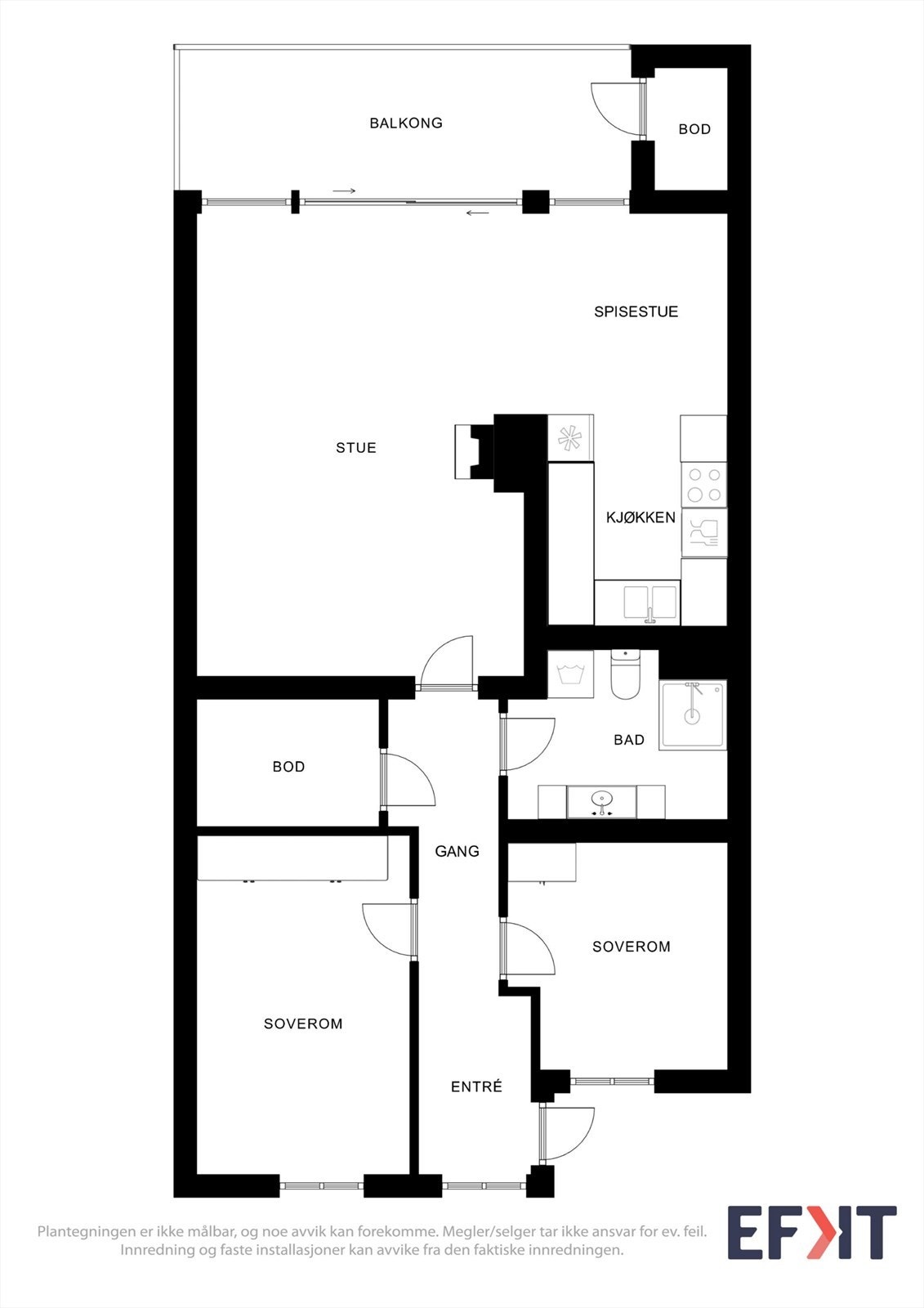 Leiligheten er på ett plan og inneholder entré, to soverom, bad, stue og kjøkken. Galleribilde