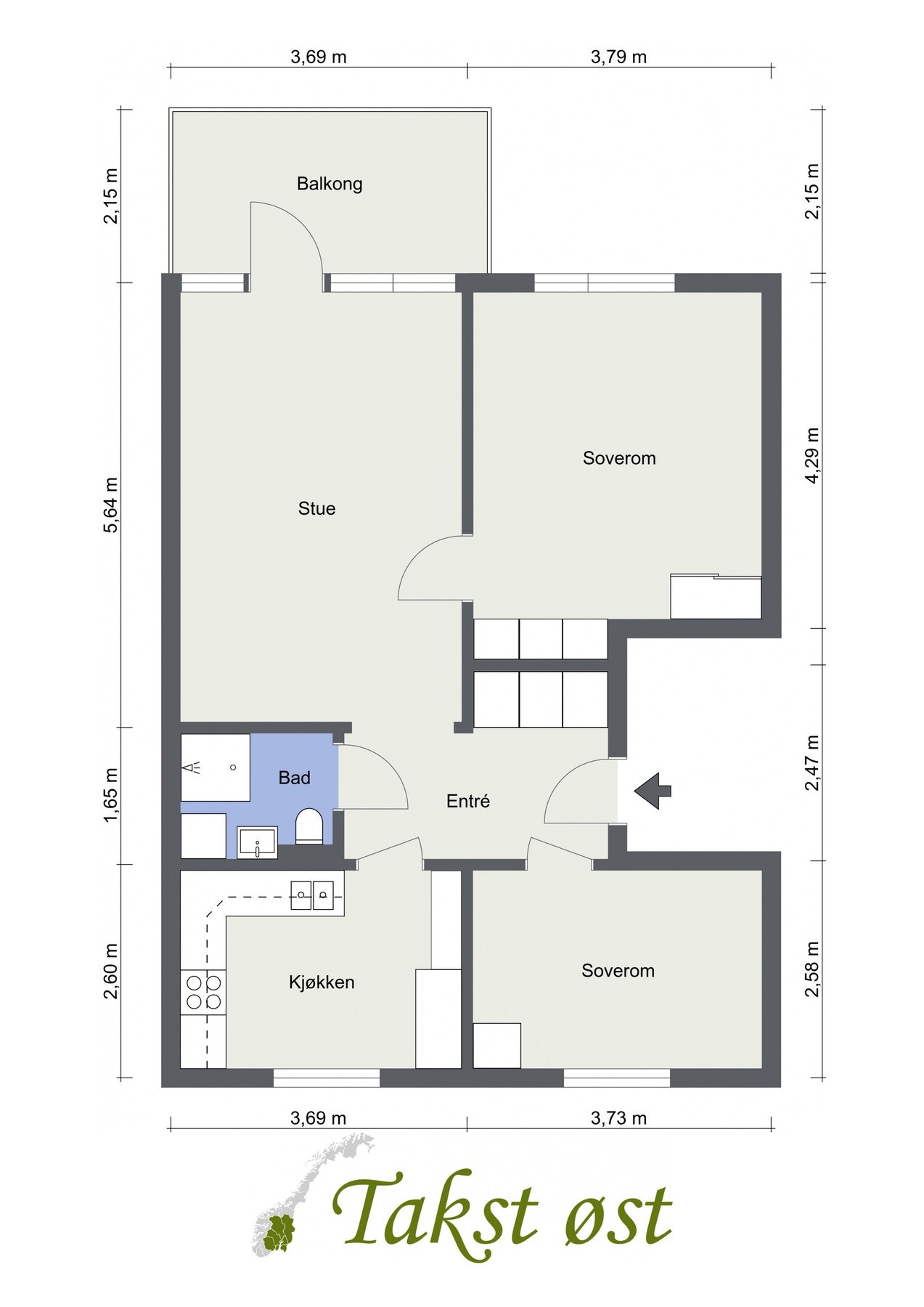 Plantegning av leiligheten. I tillegg er det to kjellerboder på 1,8 og 3,4 m2. Galleribilde