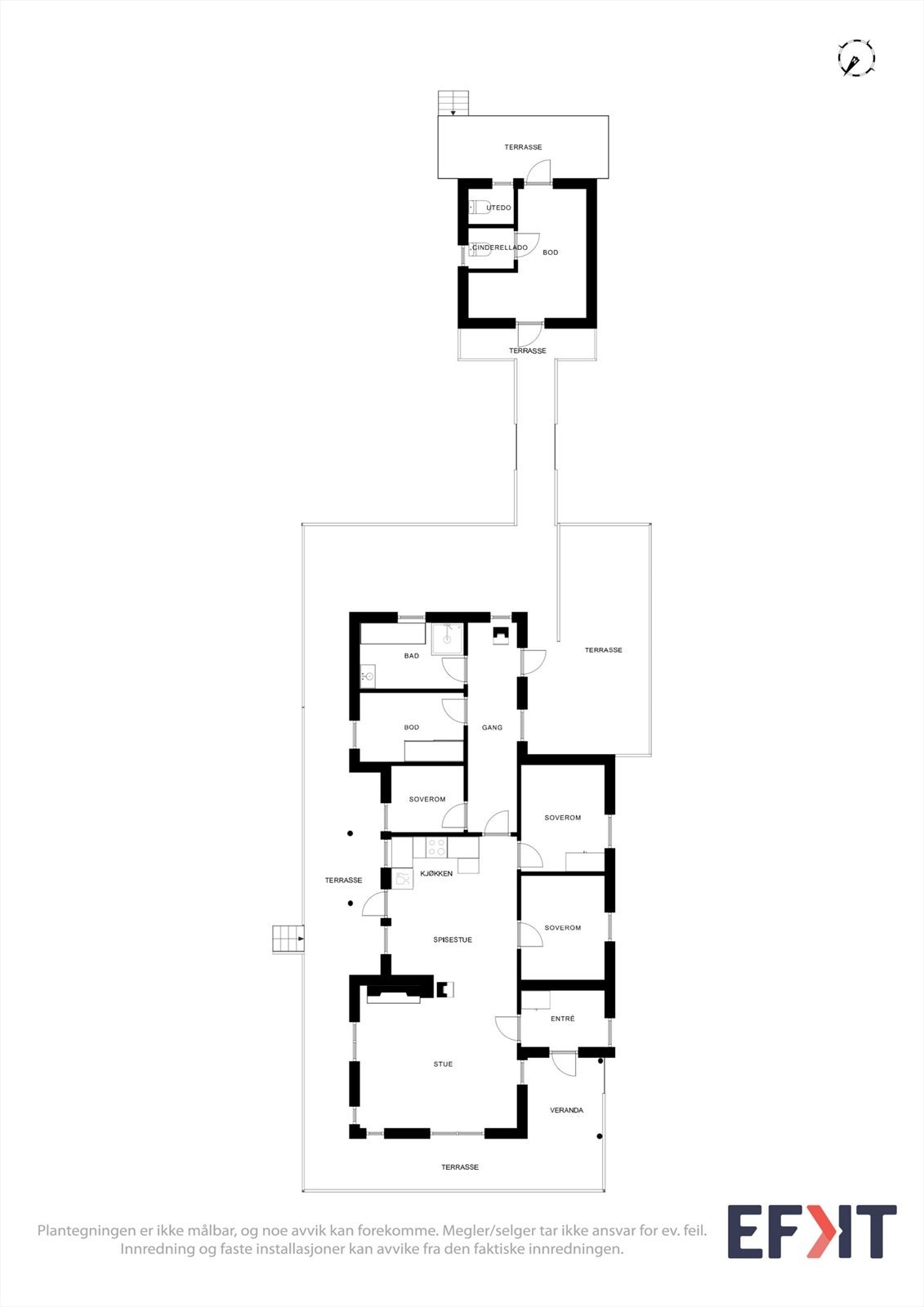 Hytta har en arealeffektiv planløsning med tre soverom, og et separat uthus med bod. Galleribilde