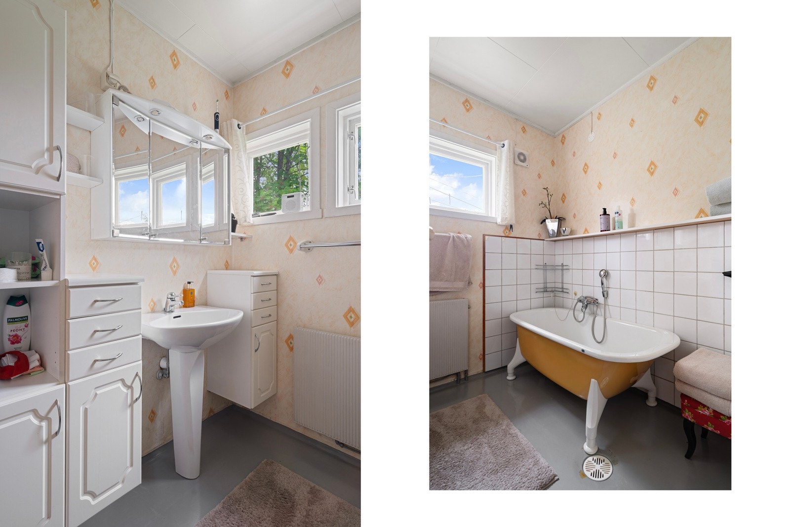 Badet har god størrelse og er utstyrt med servant, innredning og badekar.