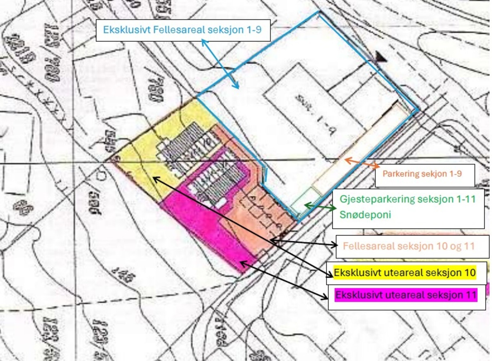 Fordeling av fellesarealer mellom leilighetsbygget og eneboligene. Galleribilde