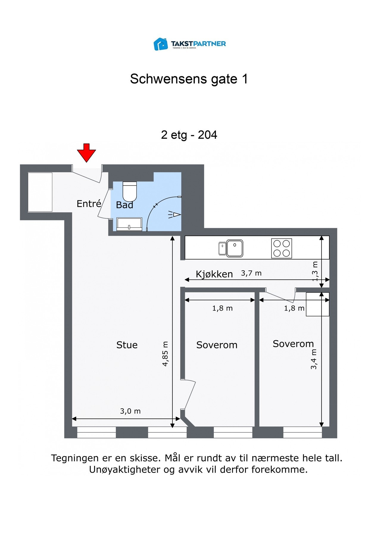 Innflytningsklar 3-roms leilighet beliggende i 2. etasje med heis, bestående av entré, bad, kjøkken, stue og to soverom. Galleribilde