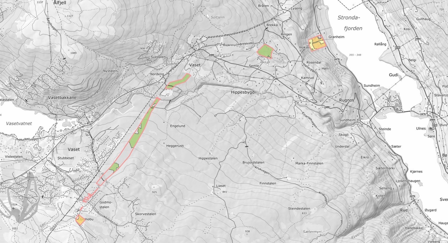 Utsnitt fra NIBIO Gardskart. Eiendommen har i tillegg to mindre teiger lenger inn på fjellet. Galleribilde
