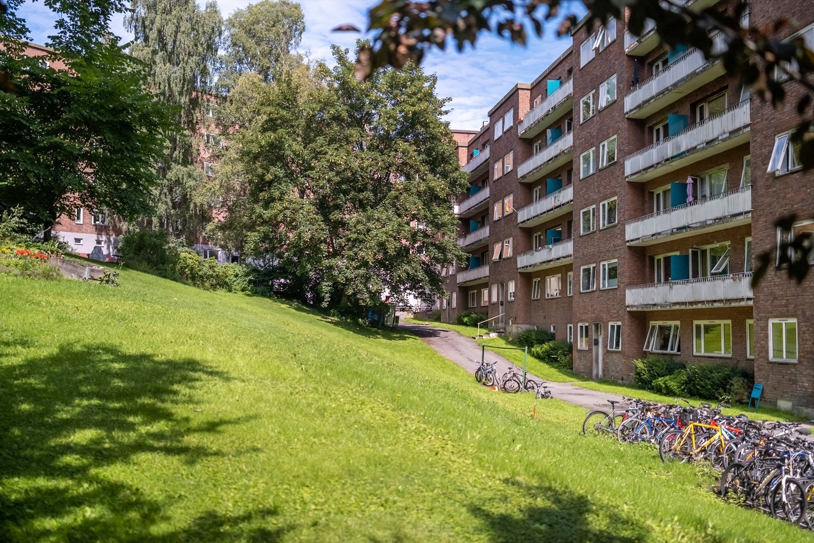 Det er flere sittegrupper og sykkelparkering for beboerne. Galleribilde