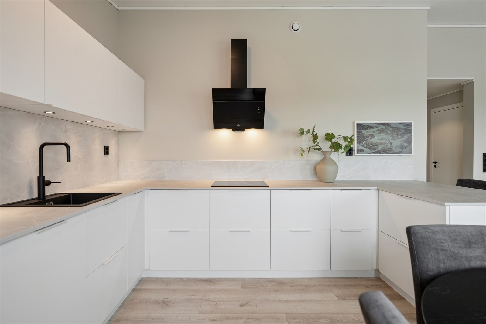 Kjøkkenet er utstyrt med induksjonstopp og ventilator med avtrekk ut. Galleribilde