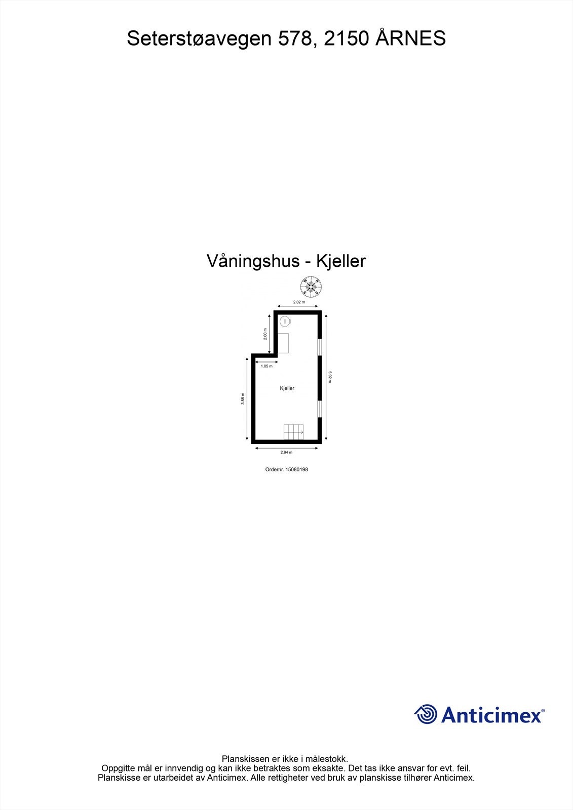 Plantegning for kjelleretasjen. Arealet er ikke måleverdig som bruksareal grunnet lav takhøyde på 1,63 meter. Galleribilde