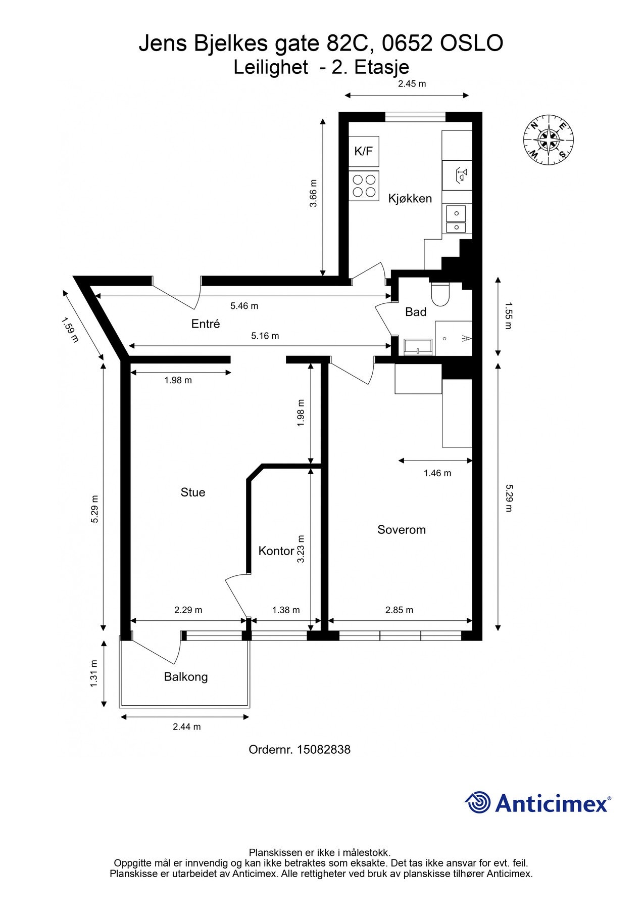 Plantegning 2. etasje. I tillegg disponerer leiligheten en kjellerbod (ifølge selgers opplysninger), og en loftsbod med gulvareal på ca. 6m² (ikke måleverdig areal grunnet lav takhøyde). Galleribilde
