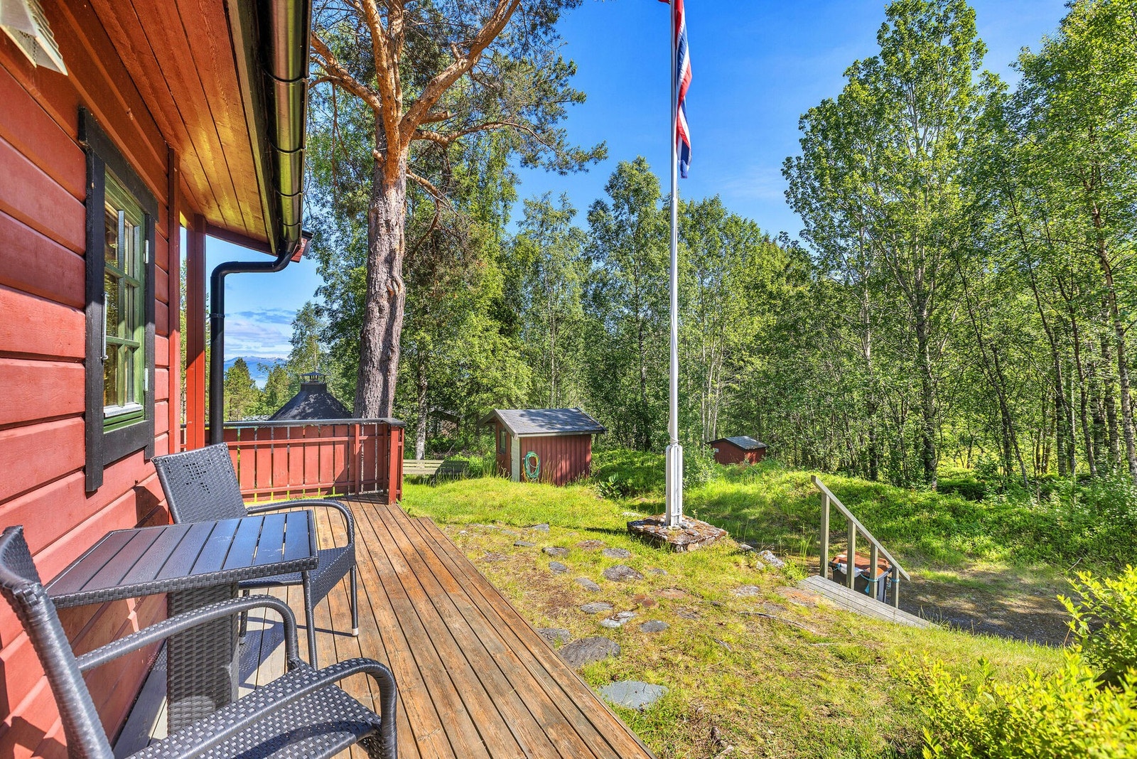 Fra verandaen har man utsikt mot flaggstangen og de andre bygningene. Galleribilde