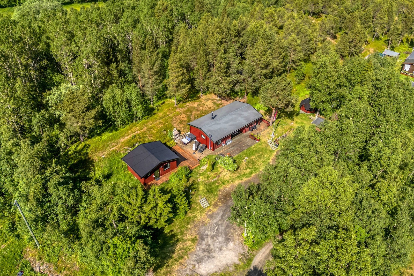 Hytta og annekset ligger fint plassert på den lett skrånende tomten. Galleribilde